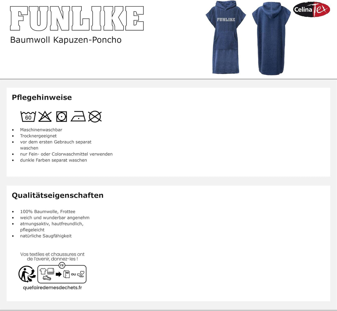 CelinaTex Funlike Poncho mittel 65 x 100 cm anthrazit Baumwolle Badeponcho Frottee Surfponcho Kapuze