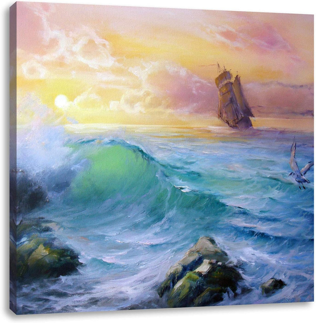 Sturm überm Meer Kunst, Format: 70x70 auf Leinwand, XXL riesige Bilder fertig gerahmt mit Keilrahmen