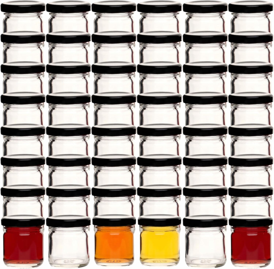 gouveo 48er Set Einmachgläser 40 ml Mini mit Schraub-Deckel schwarz - Mini Vorratsgläser mit Drehver