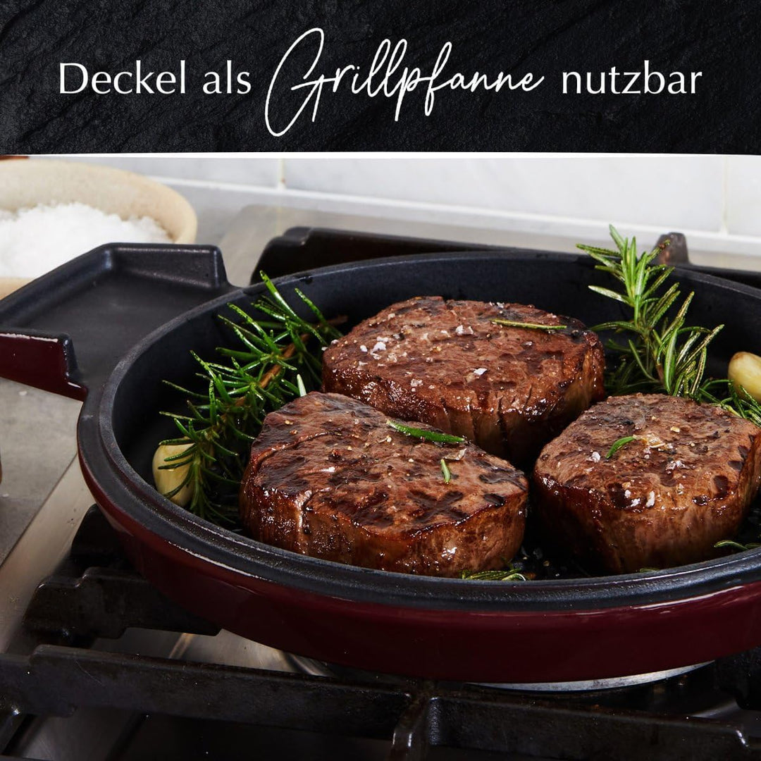 Stanley Rogers Cocotte runder Gusseisen Bräter emailliert 6,5l 28cm bordeaux I Praktische Grillpfann