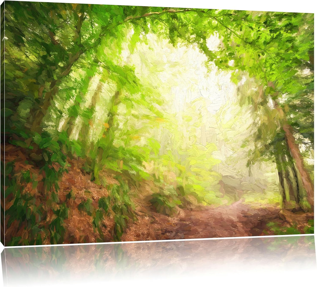 Pixxprint Sonnenstrahlen Waldweg als Leinwandbild/Grösse: 100x70 / Wandbild/Kunstdruck/fertig bespan