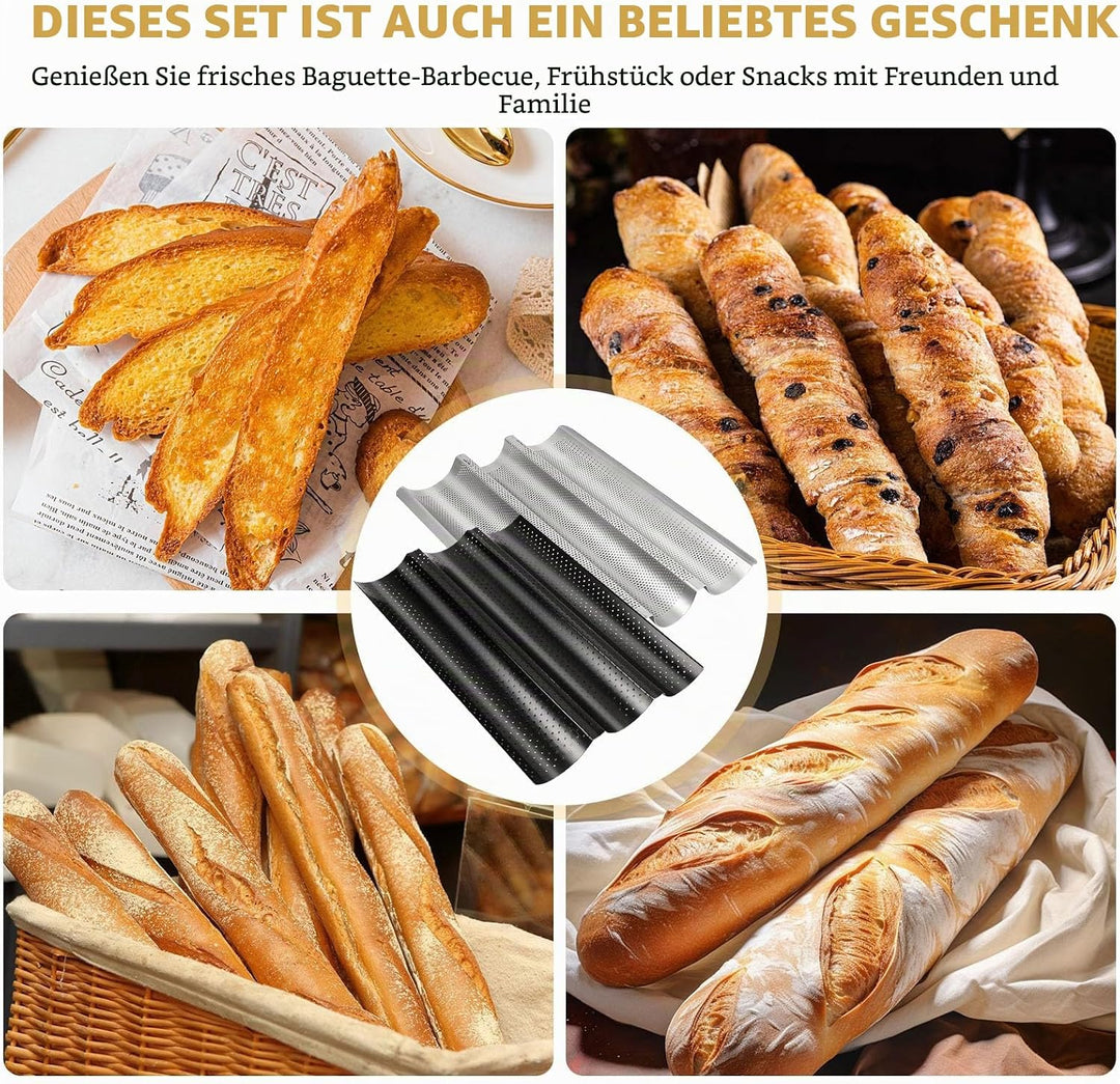 BORDEAG Baguette Backform, 2er Set Baguetteblech für 3 Baguettes mit Bäckermesser, Antihaftbeschicht