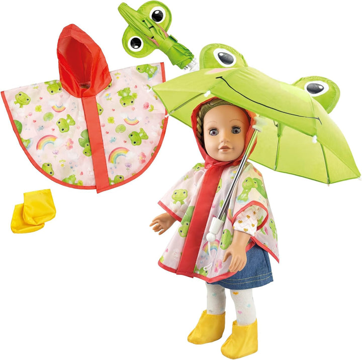 Heless 672 Puppen-Regen-Set Froschi Carlo mit Regenschirm, Regencape und Stiefelchen, für Puppen der