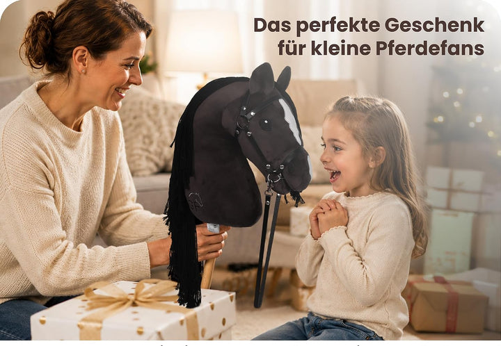 GaloppFreude® Hobby Horse Pferde Braunschecke – Grosses A3 Steckenpferd mit Schraubstab & Trense – H
