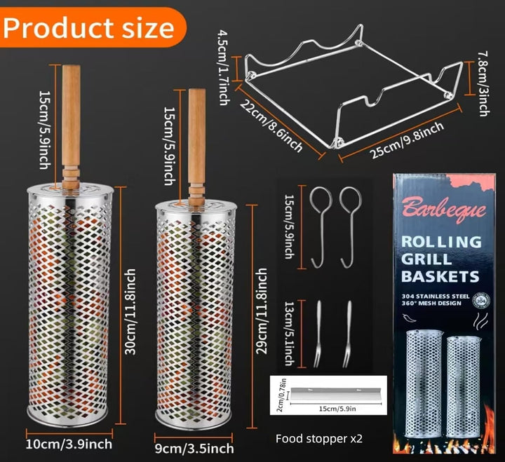 Grillbesteck Set, Premium BBQ Grill-Set mit Rollgrillkörben, Grillwerkzeugen und Reinigungsbürste |