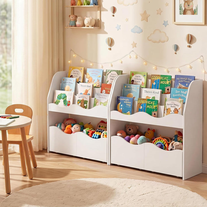 COSTWAY Kinderregal mit 2 Boxen auf Rollen (Weiss) | Bücherregal Kinder mit 3 wellenförmigen Ebenen,