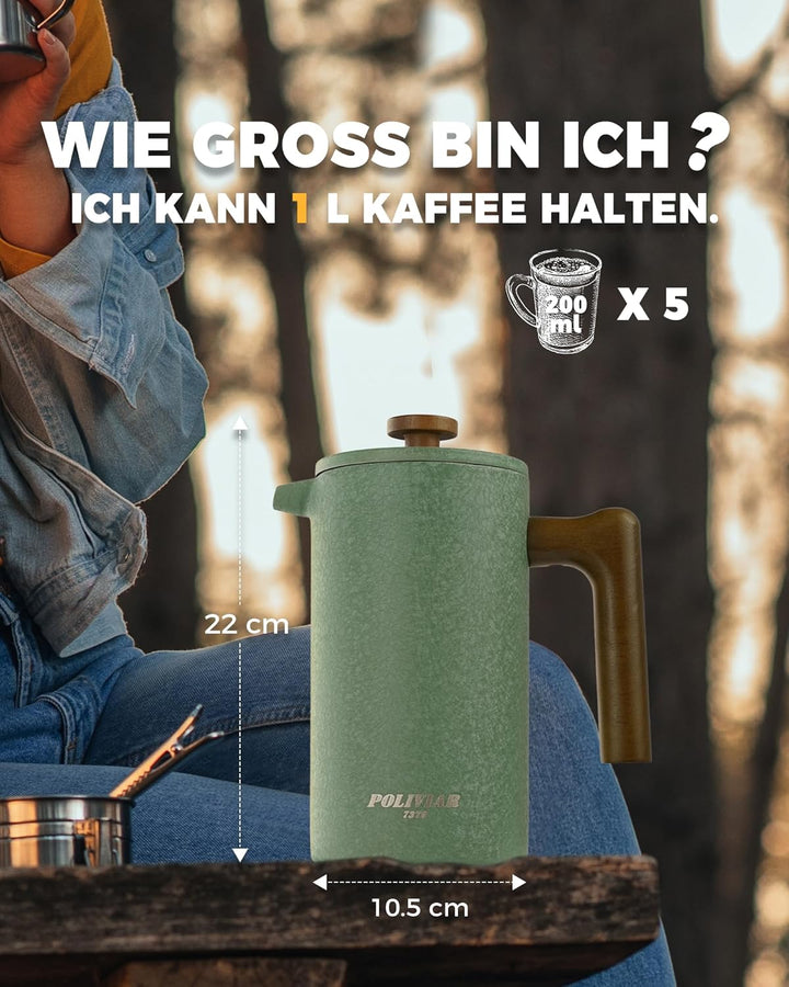 Poliviar French Press aus Edelstahl, Thermo Kaffeebereiter Doppelwandig isoliert, Kaffeebereiter 1 L