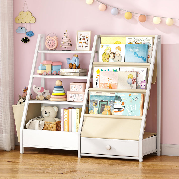 Quikraen Bücherregal Kinder, Kinderregal mit 4 Ablage und 3 Offenen Fächern, Montessori Bücherregal,