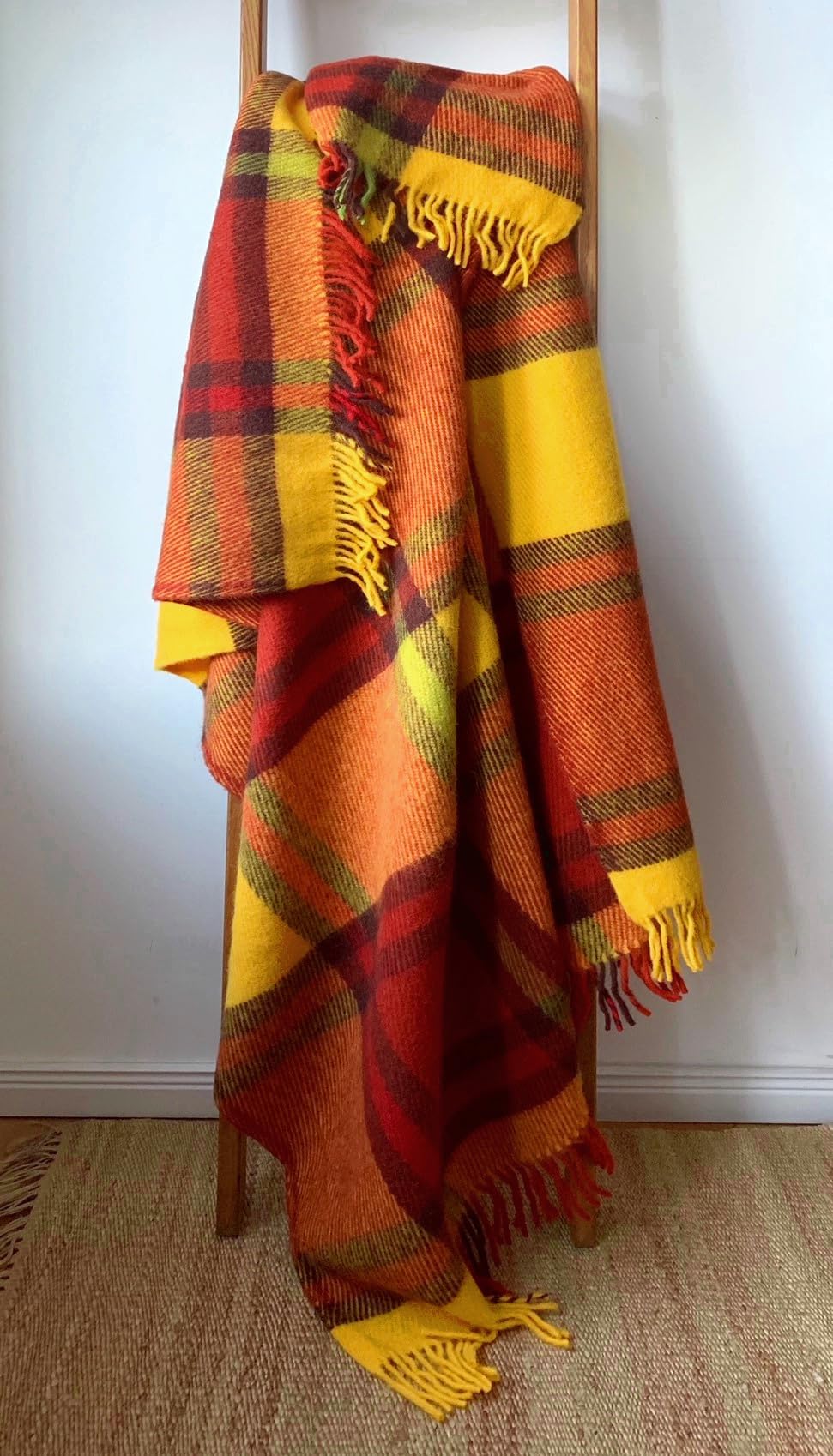 JOWOLLINA WOOLONLY 100% Lammwolle Wolldecke Plaid Karo Schottenmuster Tartan (Gelb/Henna-braun, 175x