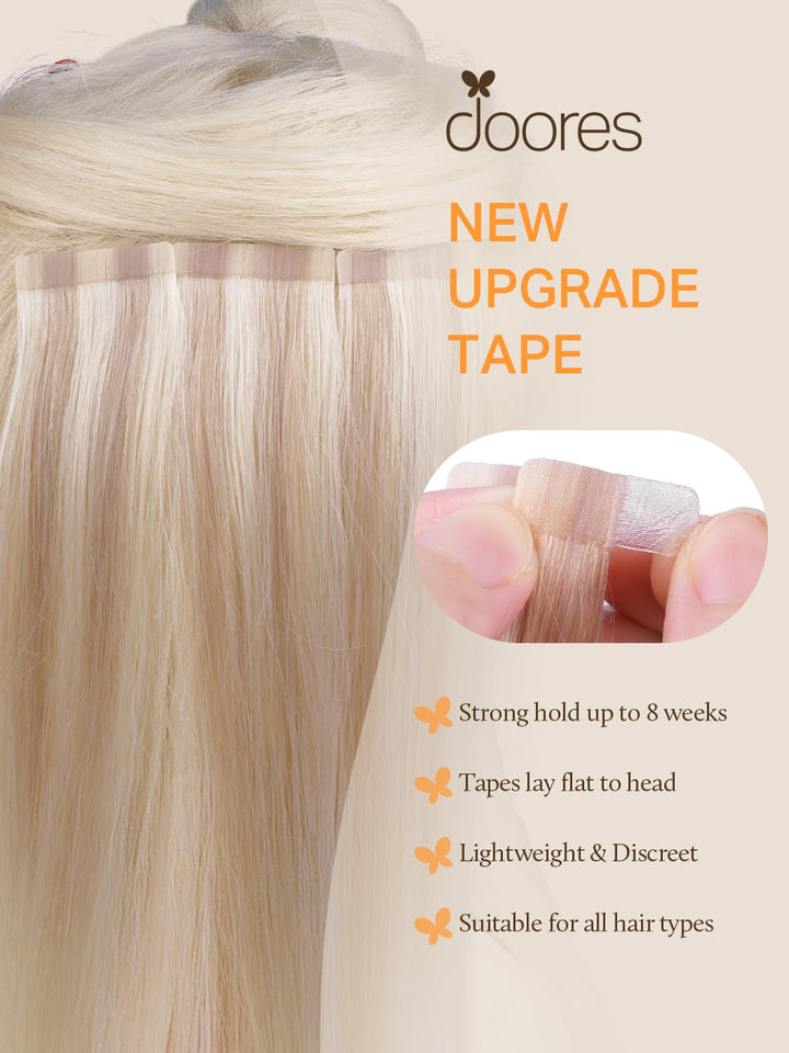 DOORES Echthaar Tape Extensions Remy Haar Tape, Platinblond 55cm (22zoll) 50g 20pcs, Blond Tape Exte
