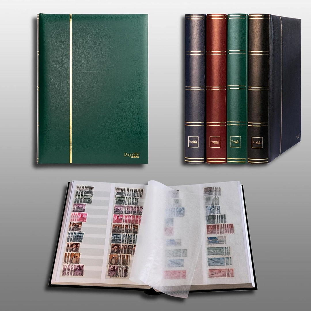 Prophila 60 weisse geteilte Seiten Briefmarkenalbum Einsteckbuch wattierter grüner Einband