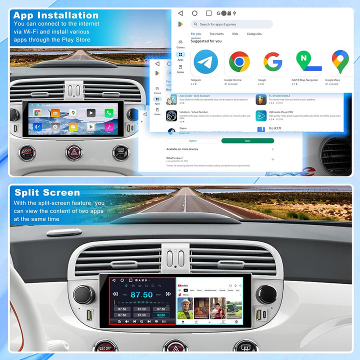 Autoradio für FIAT 500 2007-2015 mit Android Auto und CarPlay Wireless, RDS Car Radio Android 13 Ste