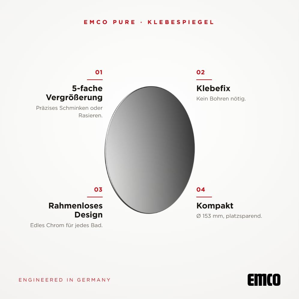 EMCO Pure Klebespiegel Rund (Ø 153 mm) 5-fach Vergrösserung fürs Badezimmer in Chrom - Spiegel, Mass