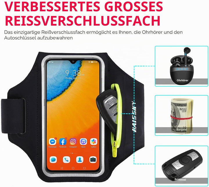 HAISSKY Sportarmband Mit Kopfhörer Tasche Sportarmband Handytasche Sport für iPhone 15 Pro Max/14 Pr
