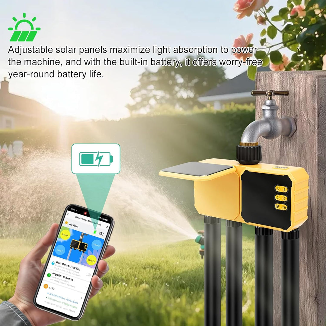 Nikou Bewässerungscomputer WLAN 4 Ausgänge, Solar Bewässerungsuhr Bewässerungssystem Garten Smart Ze