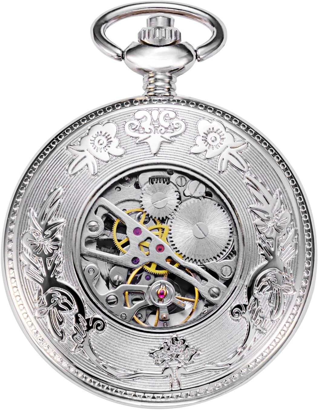 TREEWETO Unisex Taschenuhr mit Kette Analog Handaufzug Antik Drache Phönix Skelett Silber