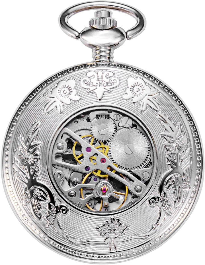 TREEWETO Unisex Taschenuhr mit Kette Analog Handaufzug Antik Drache Phönix Skelett Silber