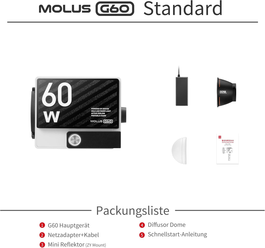 ZHIYUN Molus G60 [Official] Videoleuchte 60W, COB LED Videolicht Tragbar, Bi-Color Streaming Licht m