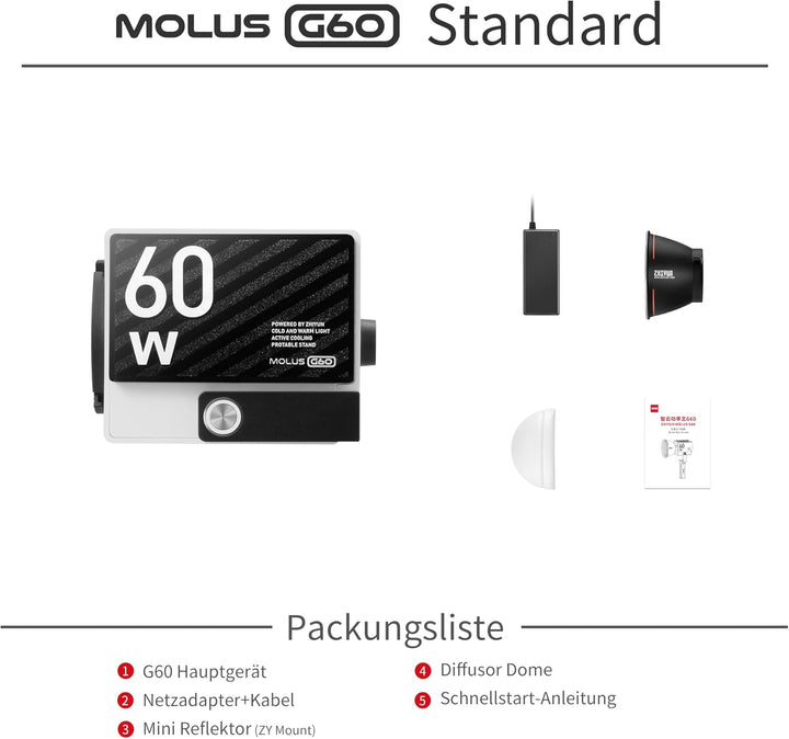 ZHIYUN Molus G60 [Official] Videoleuchte 60W, COB LED Videolicht Tragbar, Bi-Color Streaming Licht m