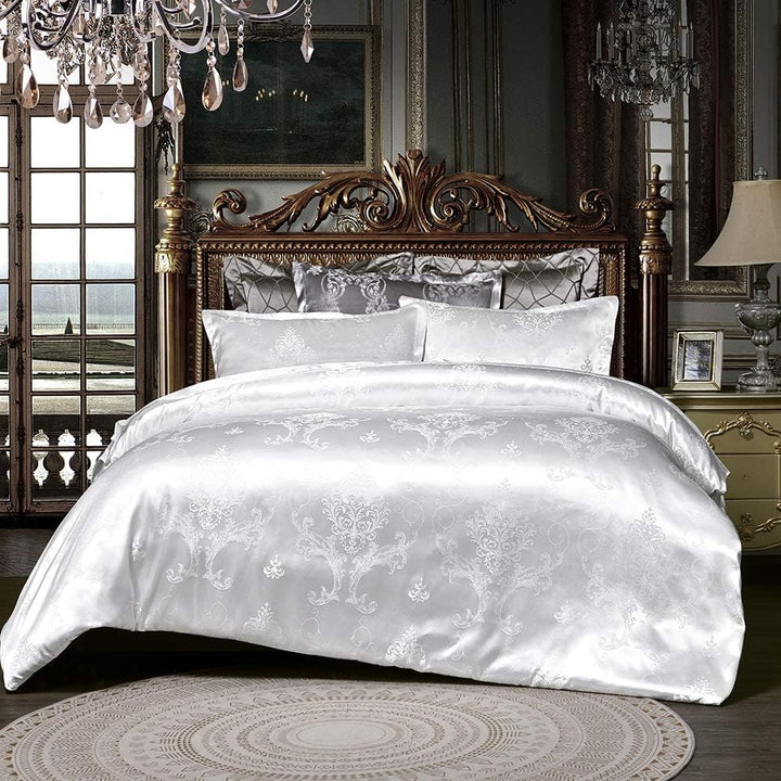 DXHOME Seiden Bettwäsche Satin 155x220 cm 3teilig Weiss Jacquard Wendebettwäsche Seide mit Weiss Blu