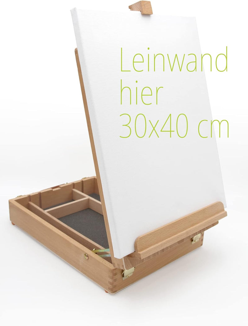 Malkoffer Luca aus Buchenholz FSC®, Tischstaffelei mit Utensilienkoffer, Keilrahmen bis 60cm Höhe, M