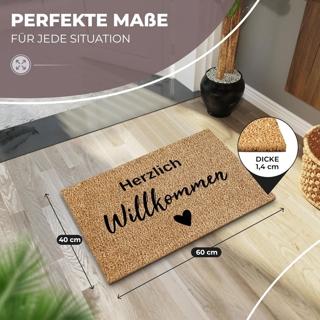 Kokos Fussmatte 60x40 Willkommen I Extra langlebige & rutschfeste Kokosmatte I Für Innen & Überdacht
