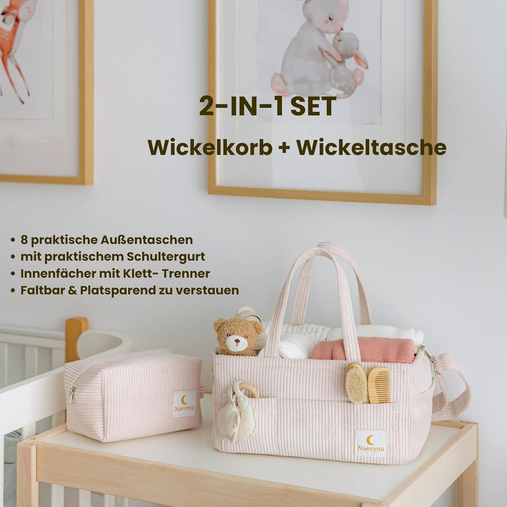 Wickelkorb Organizer aus Cord Set 2 in 1 mit Schultergurt und Windeltasche – Wickeltisch Organizer B