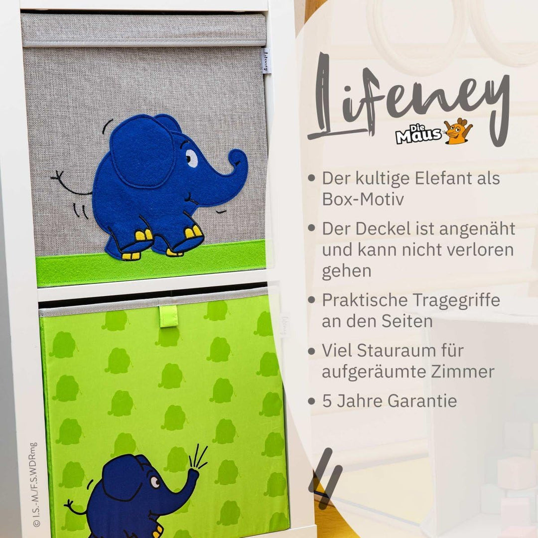 LIFENEY meets Die Maus Aufbewahrungsbox mit Deckel für Kinder – Box mit dem bekannten Elefanten zum