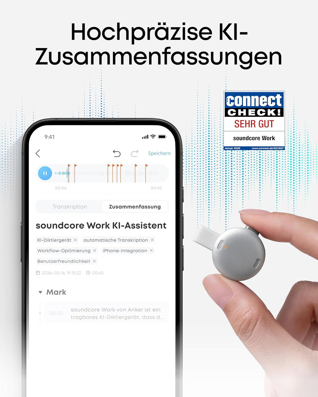 soundcore Work by Anker, tragbares KI-Diktiergerät, KI-Transkription & Zusammenfassung, 6 Monate Pro