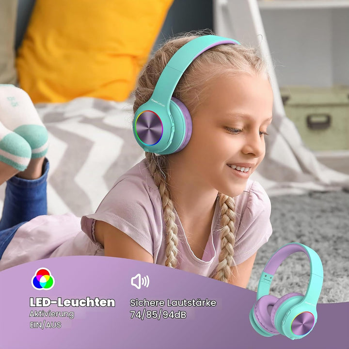 Kinderkopfhörer Bluetooth, PowerLocus Kinder Kopfhörer Kabellos mit LED-Leuchten 74/85/94dB Lautstär