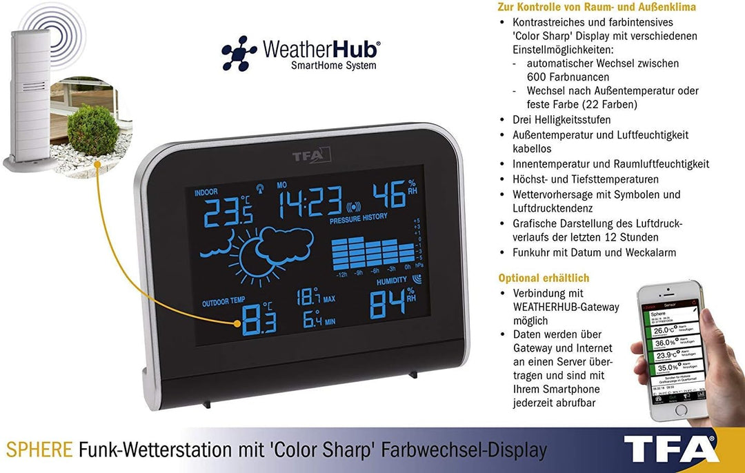 TFA 35.1148.01.IT Sphere Funk-Wetterstation mit Farbwechsel-Display (schwarz mit Batterien)