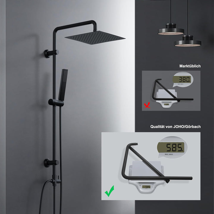 Görbach Regendusche Duschsystem ohne Armatur, Edelstahl Duschset mit 92cm Duschstange, Eckig XL Über