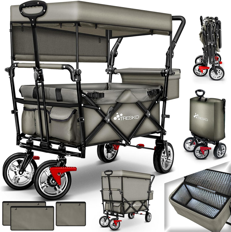 TRESKO® Bollerwagen faltbar mit Dach | Handwagen mit 2x3-Punkt Gurtsystem | Gartenwagen klappbar bis