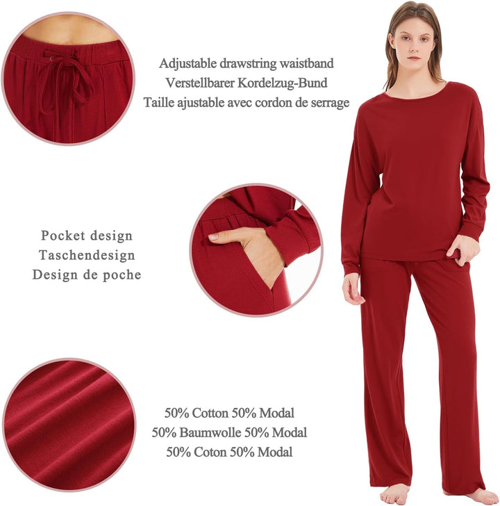 Mnamo Damen Schlafanzug Weich Gestricktes Pyjama Set Gemütliche Nachtwäsche Baumwolle und Modal Atmu