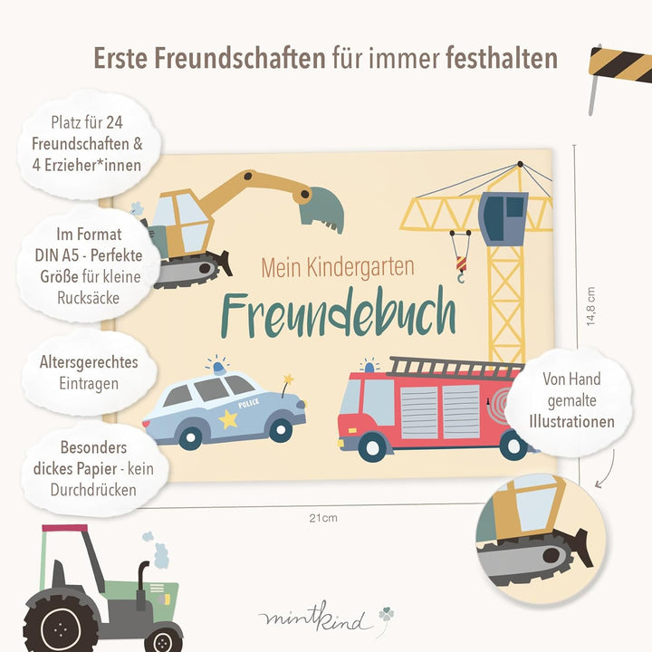 mintkind® Freundebuch Kindergarten Fahrzeuge, Freundschaftsbuch Jungen und Mädchen, Ausfüllbuch Kita