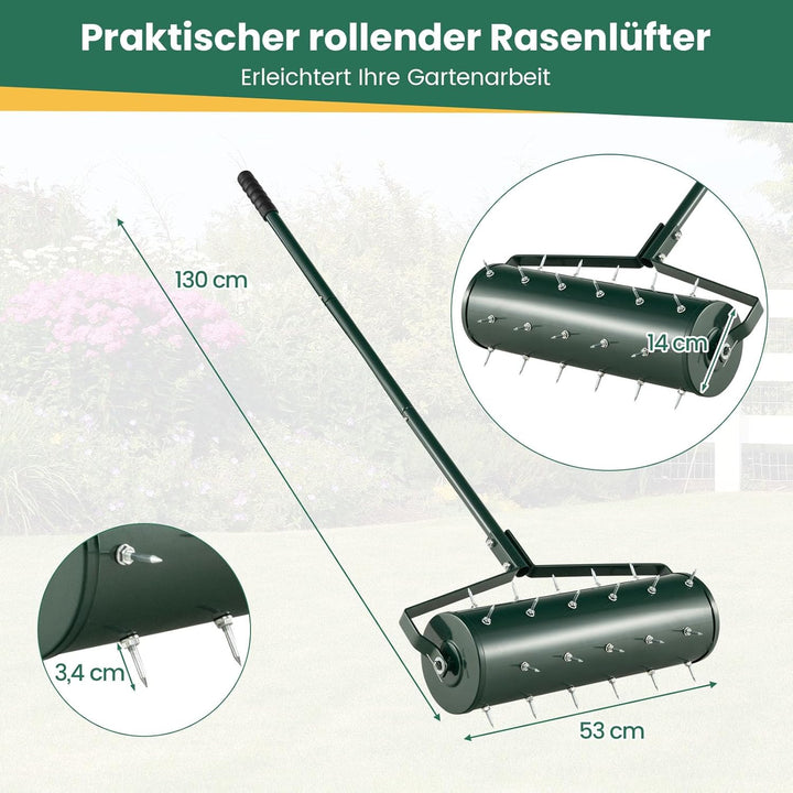RELAX4LIFE Rollender Rasenlüfter, Rasenrolle mit 53 cm Breite, Handvertikutierer mit Stiel & Nägeln,