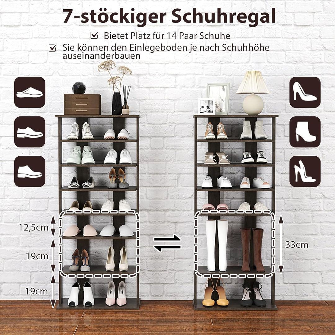 COSTWAY 8 stufiges Schuhregal schmal, Schuhschrank aus Holz höhenverstellbar, Schuhständer Schuh-Org