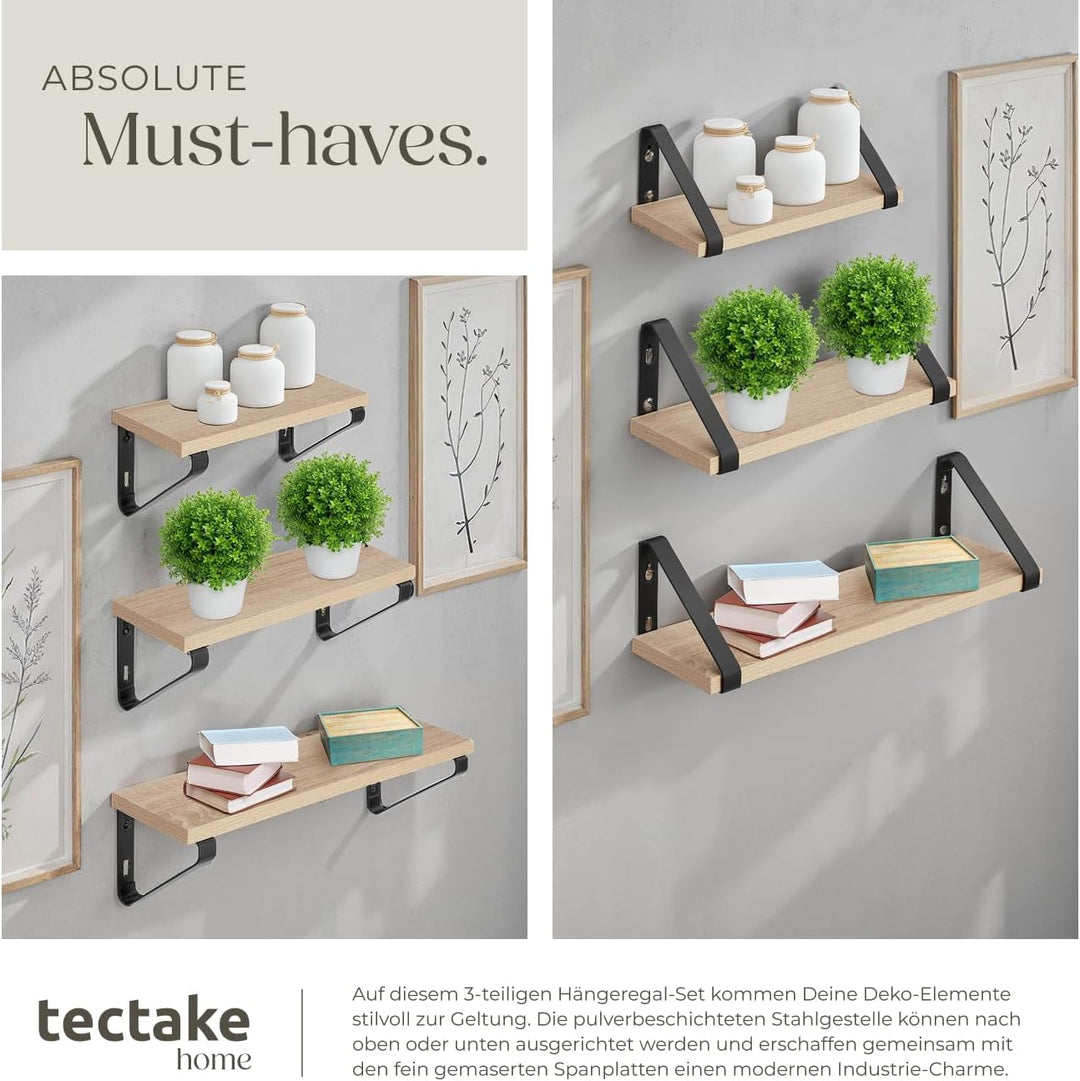 tectake® Industrial Wandregal Holz, 3X Regal Wand Set, Schweberegal, Regale 30/35/40 cm, Hängeregal,