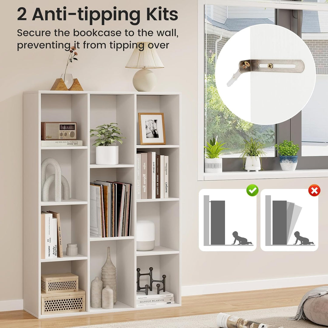 GIANTEX Bücherregal mit 11 Fächern, Standregal mit 2 Anti-Kipp-Kits, Aufbewahrungsregal aus Holz, 74
