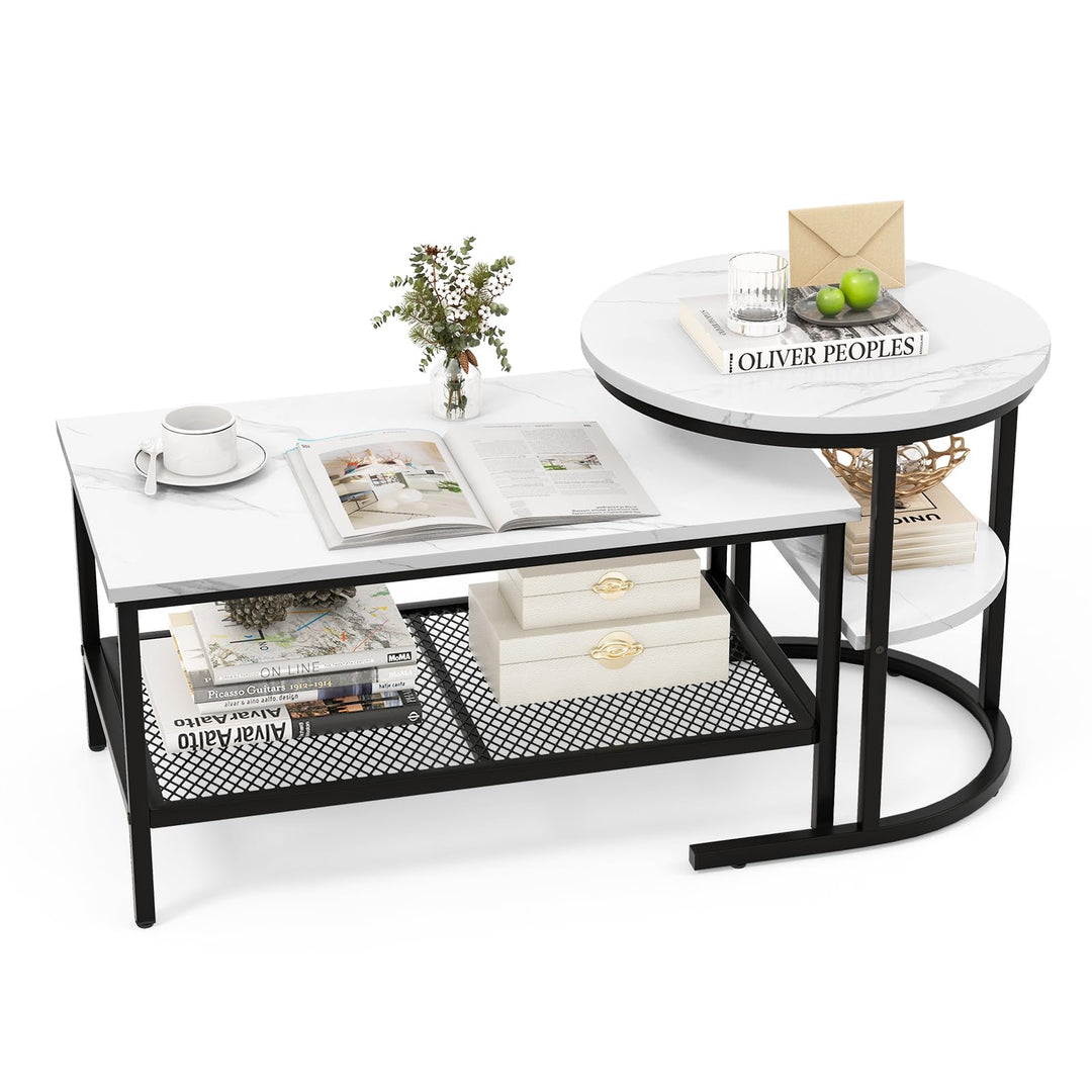 COSTWAY 2er Set Couchtisch, Beistelltisch Marmor Optik mit Metallrahmen & Ablage, Kaffeetisch Wohnzi