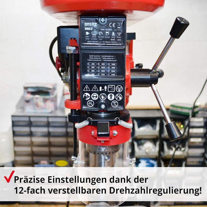 Hecht Profi Standbohrmaschine mit starken 600 Watt – 12-stufige Drehzahlregelung, schwenkbar- und hö