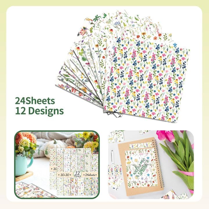 Blumenmuster Scrapbook Papier, 24 Blatt/12 Designs Doppelseitiges Bastelpapier, Frühlingsblume Karte
