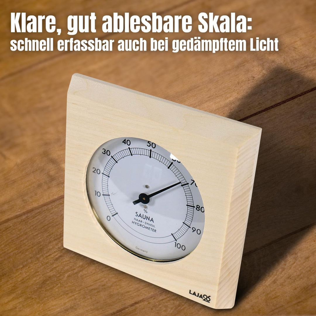 Sauna Hygrometer - FSC Espenholz - Misst Luftfeuchtigkeit - Bimetalltechnik - Synthetik-Haar - Analo
