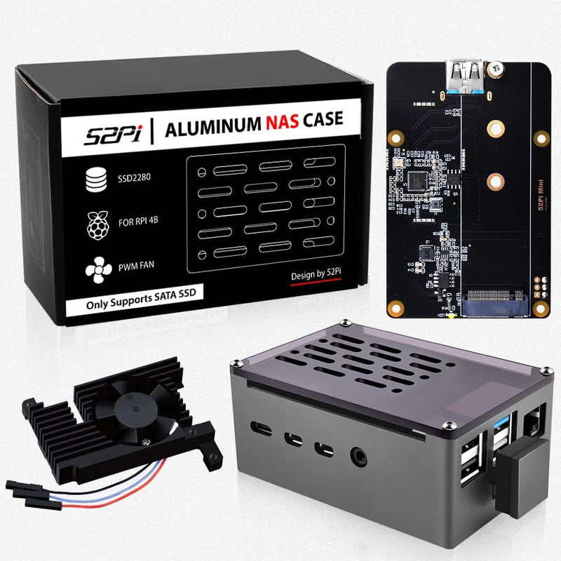 GeeekPi Raspberry Pi 4 Aluminium NAS Gehäuse mit PWM Lüfter und M.2 SATA SSD Adapterplatine, Raspber