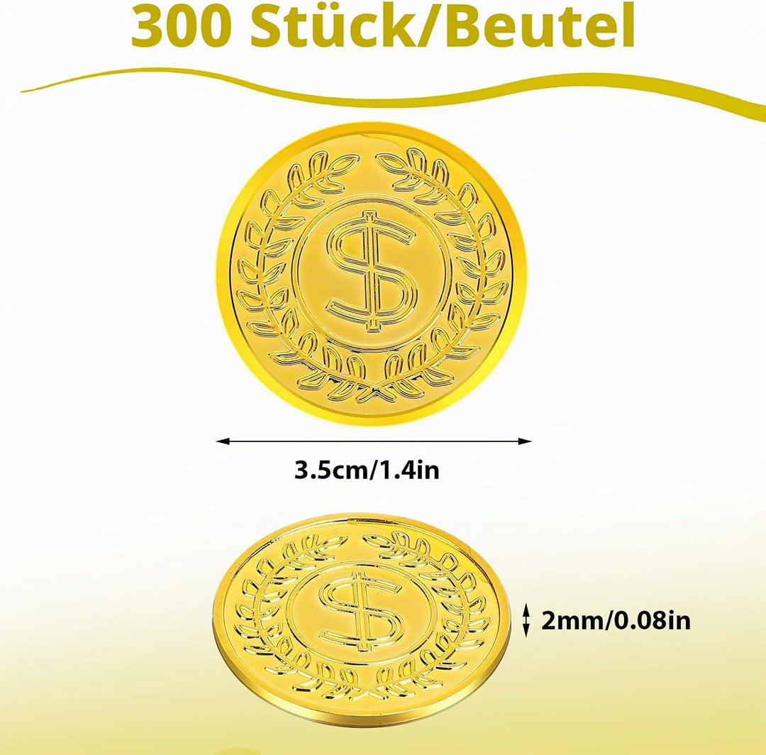 Prasacco 300 Stück Goldmünzen, Kunststoff Goldmünzen, Spielmünzen für Kinder - Spielgeld, Mitgebsel,