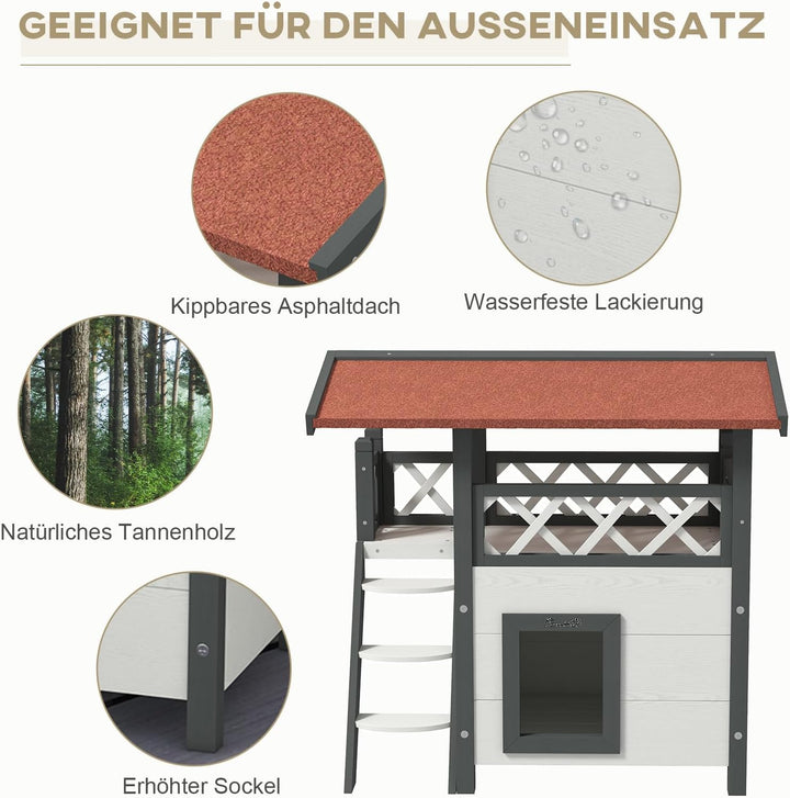 PawHut Katzenhaus aus Holz Winterfest wasserdicht Katzenhütte mit Asphaltdach Terrasse Treppe Katzen