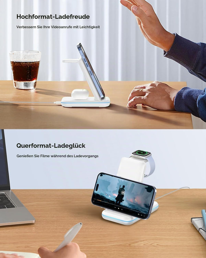 JoyGeek 3 in 1 Kabelloses Ladegerät, Wireless Charger Dock für i Phone 15/14/13/12/11/Pro Max/X/8, I