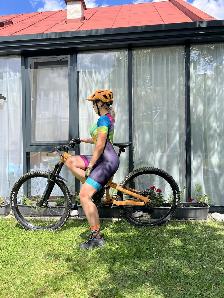 Radsport-Skinsuit für Damen, gepolstert, einteilig, Trisuit, Bike-Top, kurz, sublimiertes Design, Tr
