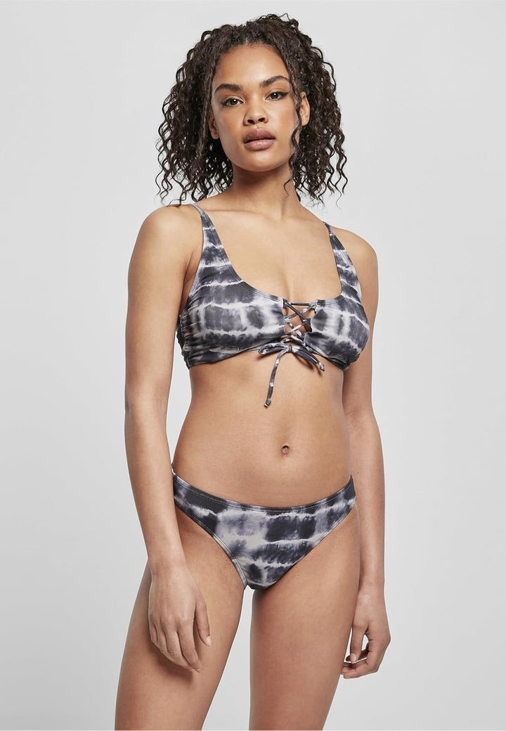 Urban Classics Damen Ladies Lace Up Tie Dye Bikini XS Black/White, XS Black/White