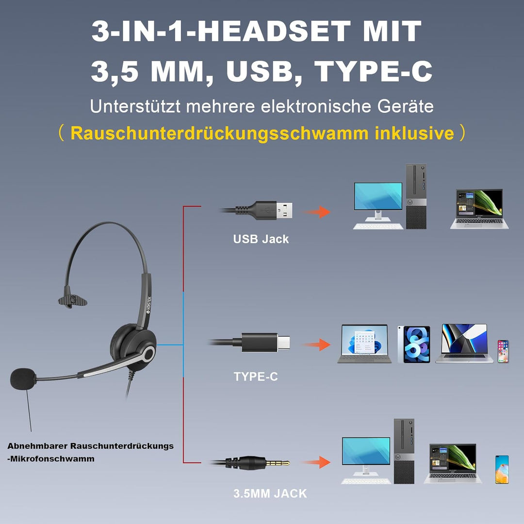 Voistek USB-C & 3,5mm Kopfhörer mit Mikrofon | Verstellbarer Rauschunterdrückung-Headset für Busines